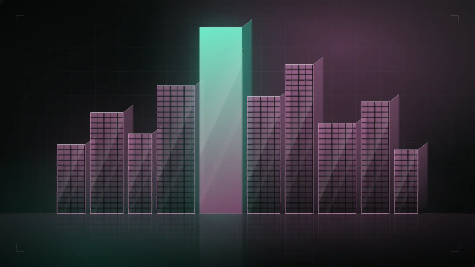 Abstract skyline of towers with one glowing teal tower standing out
