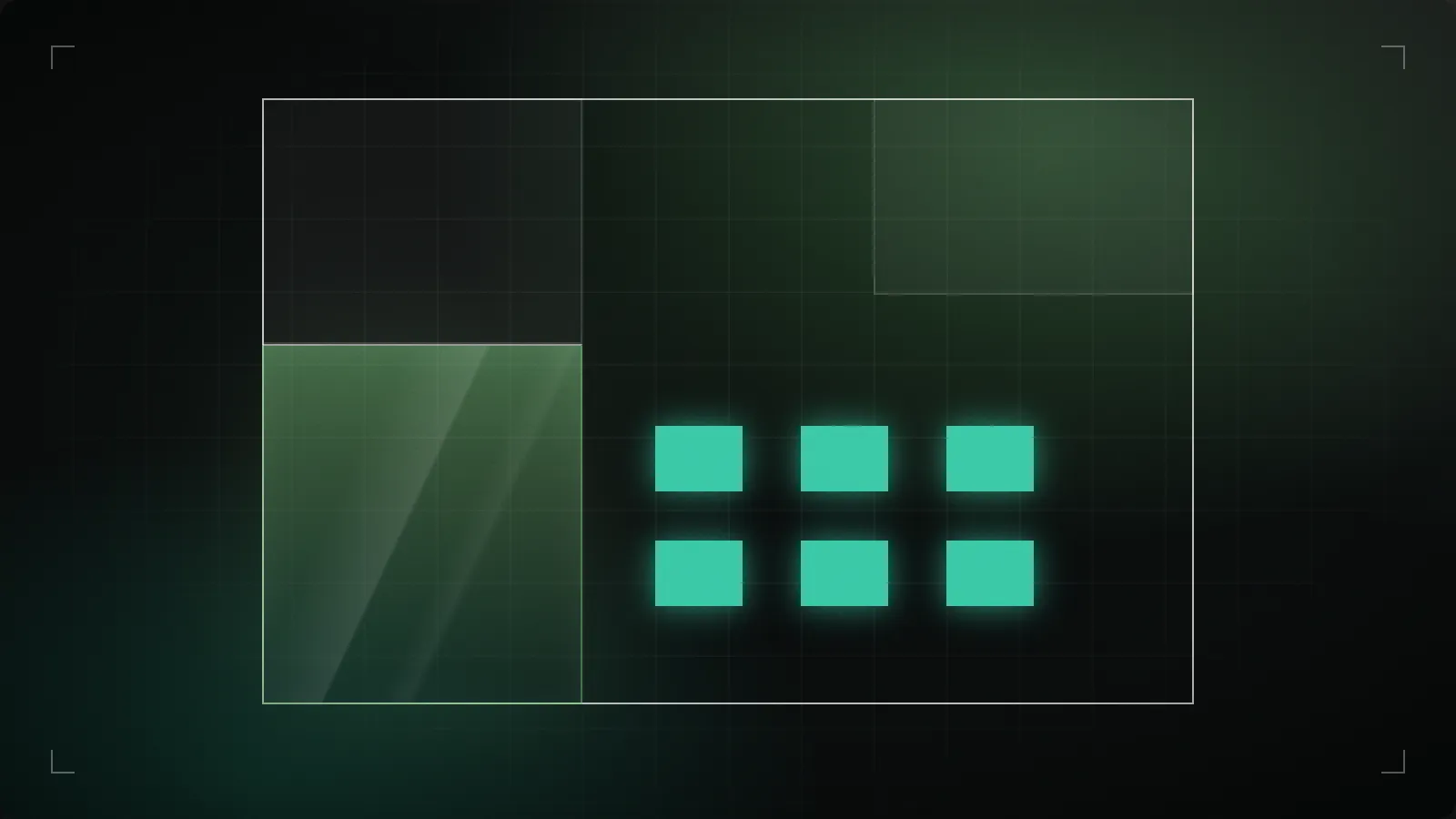 A floor layout of rooms with six glowing teal blocks for furnished desks
